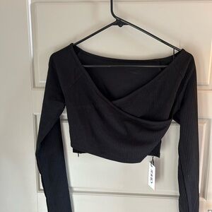 Black Wrap-Style Ribbed Crop Top